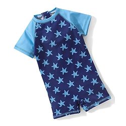 Babyhug Raglan Half Sleeves Star Fish Printed Thigh Legged Swimsuit - Navy Blue