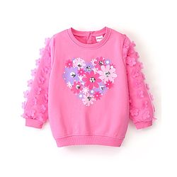 Babyhug Cotton Full Sleeves Sweatshirt with Graphics Sequins & Petal Embroidery with Mesh Sleeves Detailing - Pink