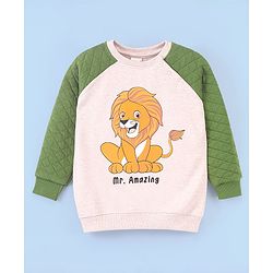 Babyhug Cotton Knit Raglan Sleeves Sweatshirt with Quilting Details & Lion Graphics Print - Oatmeal