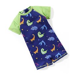 Babyhug Raglan Half Sleeves Dino Printed Thigh Legged Swimsuit  - Navy Blue
