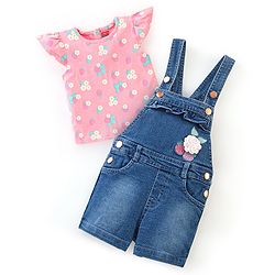 Babyhug 100% Cotton Cap Sleeves Tee With Dungaree Floral Print & Embroidery- Pink & Blue