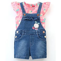 Babyhug 100% Cotton Cap Sleeves Tee With Dungaree Floral Print & Embroidery- Pink & Blue