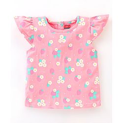 Babyhug 100% Cotton Cap Sleeves Tee With Dungaree Floral Print & Embroidery- Pink & Blue