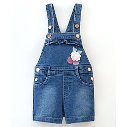 Babyhug 100% Cotton Cap Sleeves Tee With Dungaree Floral Print & Embroidery- Pink & Blue