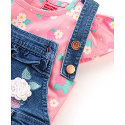 Babyhug 100% Cotton Cap Sleeves Tee With Dungaree Floral Print & Embroidery- Pink & Blue
