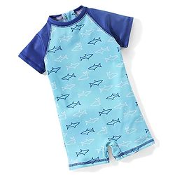 Babyhug Raglan Half Sleeves Shark Printed Thigh Legged Swimsuit  - Blue