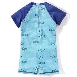 Babyhug Raglan Half Sleeves Shark Printed Thigh Legged Swimsuit  - Blue