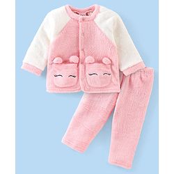 Babyhug Velour Full Sleeves Winterwear Night Suit Nightsuit With Solid Colour - Pink