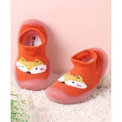 Cute Walk by Babyhug Solid Color Socks Shoe with Fox Design - Orange
