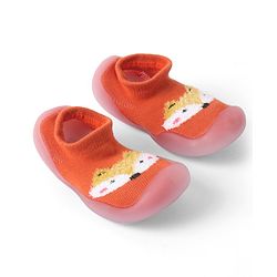 Cute Walk by Babyhug Solid Color Socks Shoe with Fox Design - Orange