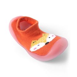 Cute Walk by Babyhug Solid Color Socks Shoe with Fox Design - Orange