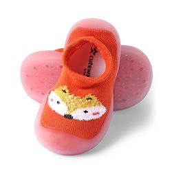 Cute Walk by Babyhug Solid Color Socks Shoe with Fox Design - Orange