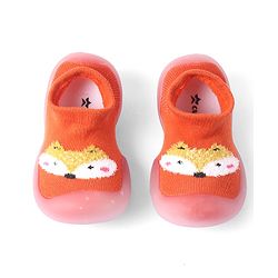 Cute Walk by Babyhug Solid Color Socks Shoe with Fox Design - Orange