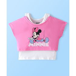 Babyhug Cotton Knit Half Sleeves Minnie Mouse Printed Crop Top with Inner Tee - Pink & White