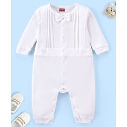 Babyhug 100% Cotton Knit Full Sleeves Baptism Romper with Bow - White