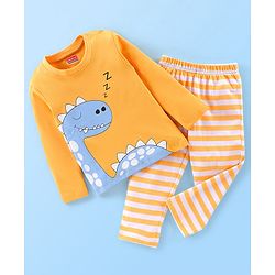 Babyhug Cotton Knit Full Sleeves Night Suit with Dino Print - Yellow
