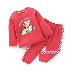 Babyhug Cotton Knit Full Sleeves Night Suit Bear Print - Red
