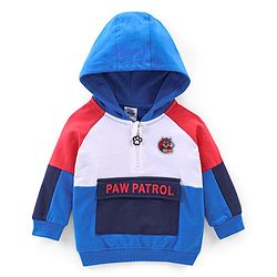 Babyhug Cotton Knit Full Sleeves Cut & Sew Sweatshirt With Hood & Paw Patrol Graphics - Blue & White