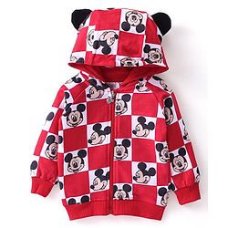 Babyhug Cotton Knit Full Sleeves Hooded Sweat Jacket with Mickey Mouse Print - Red
