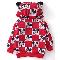 Babyhug Cotton Knit Full Sleeves Hooded Sweat Jacket with Mickey Mouse Print - Red