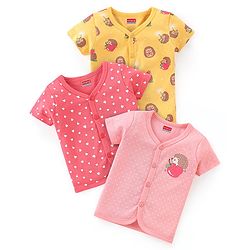 Babyhug 100% Cotton Half Sleeves Front Open Printed Vests  Pack of 3 - Pink & Yellow
