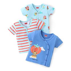 Babyhug 100%  Cotton Knit Half Sleeves Front Open Vest Lion Print Pack of 3 - Multicolour