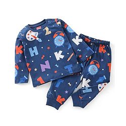 Babyhug Cotton Knit Full Sleeves Clock Printed Night Suit - Navy Blue