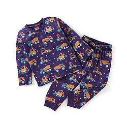 Babyhug Cotton Knit Full Sleeves Night Suit with Trucks Print - Purple
