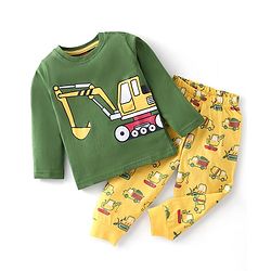 Babyhug Single Jersey Full Sleeves Night Suit With JCB Print - Green & Yellow