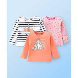 Babyhug Cotton Knit Full Sleeves T-Shirts Heart & Unicorn Print - Pink Peach & White