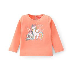 Babyhug Cotton Knit Full Sleeves T-Shirts Heart & Unicorn Print - Pink Peach & White