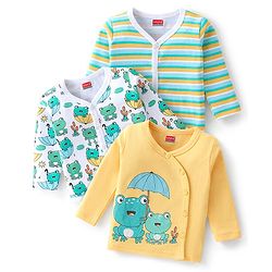 Babyhug Cotton Interlock Knit Full Sleeves Front Open Vests Striped & Frog Print Pack Of 3 - Green White & Yellow
