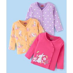 Babyhug 100% Cotton Knit Full Sleeves Front Open Jhablas Bunny Print Pack of 3 - Pink Orange & Purple