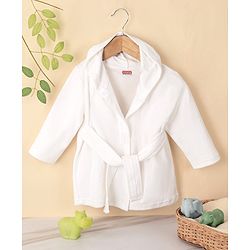 Babyhug Cotton Terry Knit Full Sleeves Solid Color Hooded Bath Robe - White