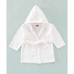 Babyhug Cotton Terry Knit Full Sleeves Solid Color Hooded Bath Robe - White