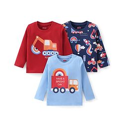 Babyhug Cotton Knit Pack of 3 Full Sleeves T-Shirts with Construction Vehicles Graphic Print - Red & Blue