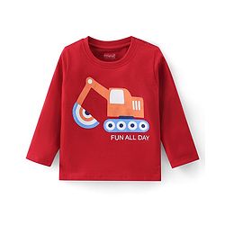 Babyhug Cotton Knit Pack of 3 Full Sleeves T-Shirts with Construction Vehicles Graphic Print - Red & Blue