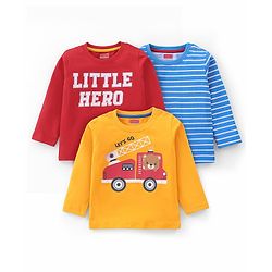 Babyhug Full Sleeves T-Shirt with Graphics Print & Striped Pack of 3 - Blue Red & Yellow