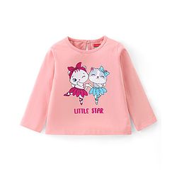 Babyhug Cotton Knit Full Sleeves T-Shirt With Kitty Graphics - Pink
