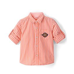 Babyhug Cotton Woven Full Sleeves Shirt Text Pocket Embroidery & Striped - Orange