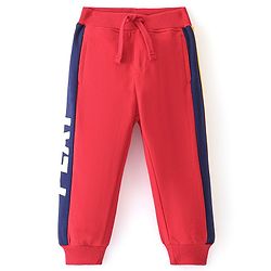 Babyhug Cotton Looper Knit Full Length Lounge Pant With Text Print - Red & Blue