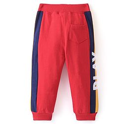 Babyhug Cotton Looper Knit Full Length Lounge Pant With Text Print - Red & Blue