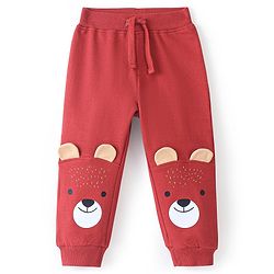 Babyhug Cotton Looper Knit Full Length Lounge Pant with Bear Print - Maroon