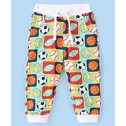 Babyhug Cotton Looper Full Length Lounge Pant With Football & Basketball Print - Green & White