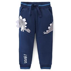 Babyhug Cotton Looper Full Length Lounge Pant With Dino Embroidery & Print - Navy Blue