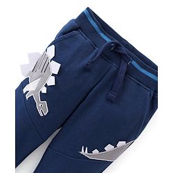 Babyhug Cotton Looper Full Length Lounge Pant With Dino Embroidery & Print - Navy Blue