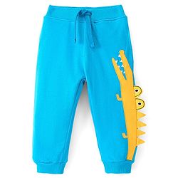 Babyhug Cotton Looper Knit Full Length Lounge Pant With Crocodile Patch- Blue