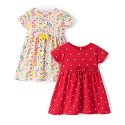 Babyhug Knit Half Sleeves Floral Printed Frocks Pack of 2 - Red & White