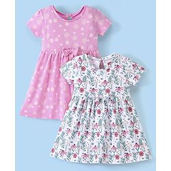 Babyhug 100% Cotton Knit Half Sleeves Frock Floral Print Pack of 2 - Pink & White