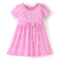 Babyhug 100% Cotton Knit Half Sleeves Frock Floral Print Pack of 2 - Pink & White